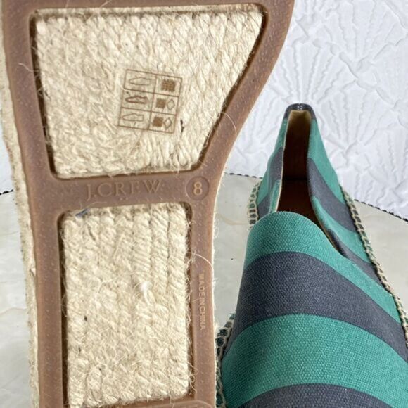 J. Crew Flats Women 8 Navy Green Kely Stripe Canvas Slip On Nautical Espadrilles - Picture 12 of 14